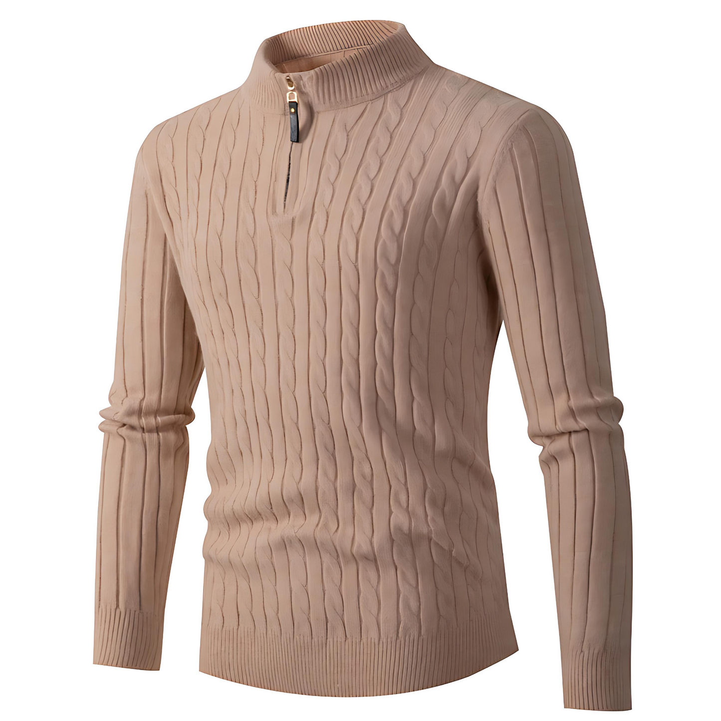 Warm Zip Neck Cable Knit Sweater - OutfitLondon