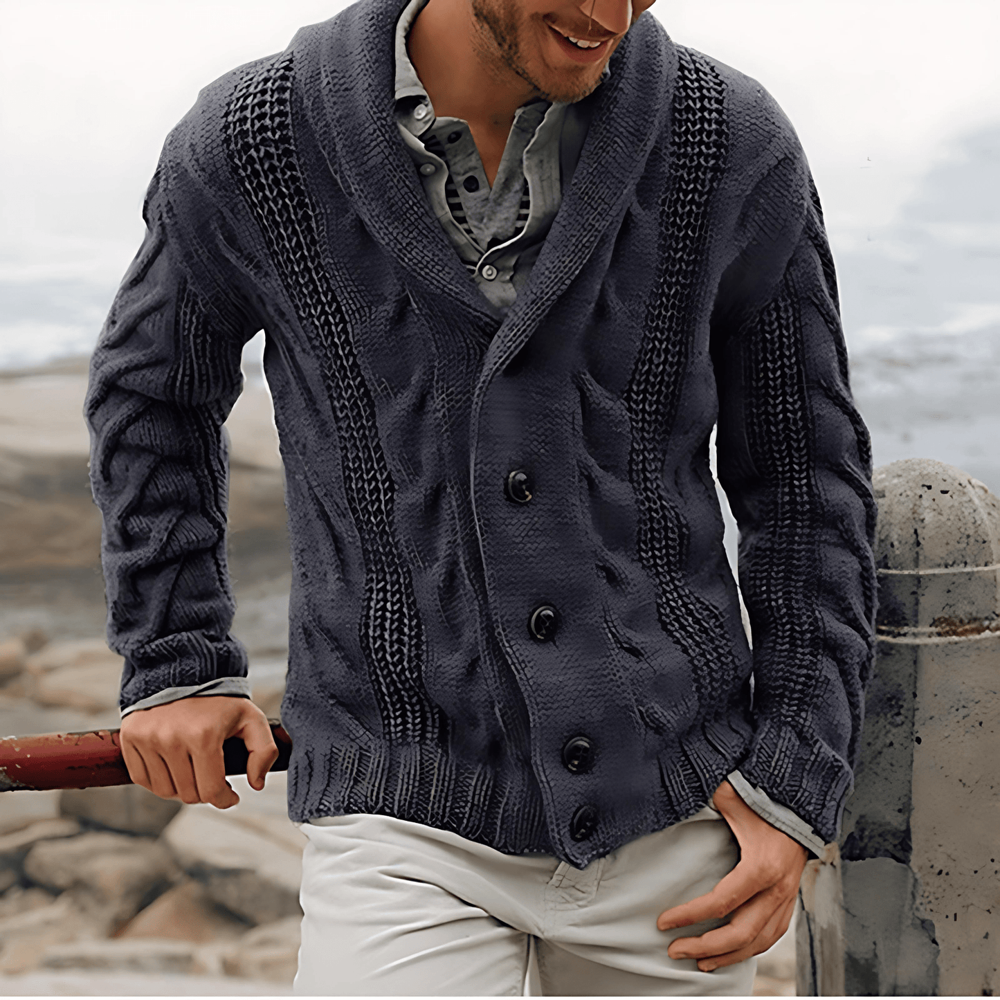 Cozy Thick Knit Cardigan with Wrap Collar - OutfitLondon