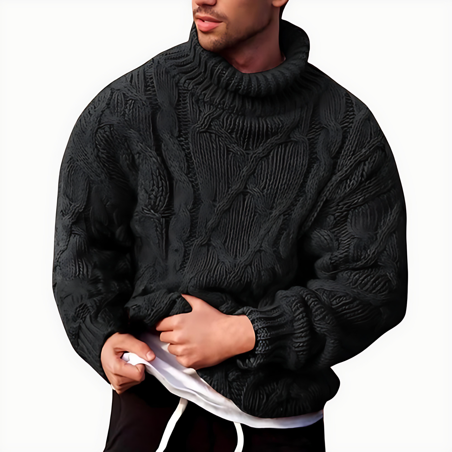Thick Cable Knit Turtleneck Sweater - OutfitLondon