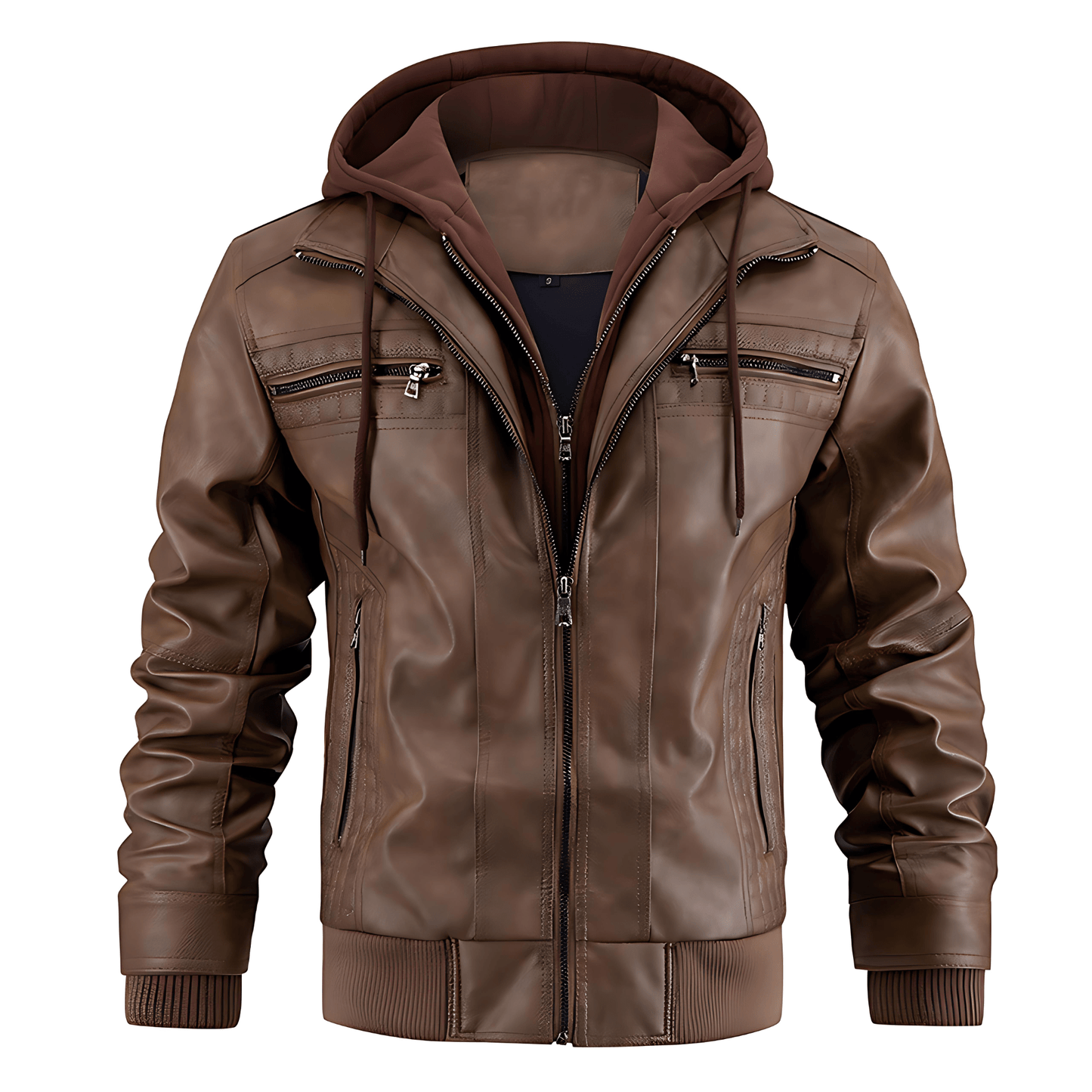 Vintage Biker Leather Jacket with Hood - OutfitLondon