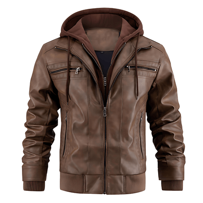 Vintage Biker Leather Jacket with Hood - OutfitLondon
