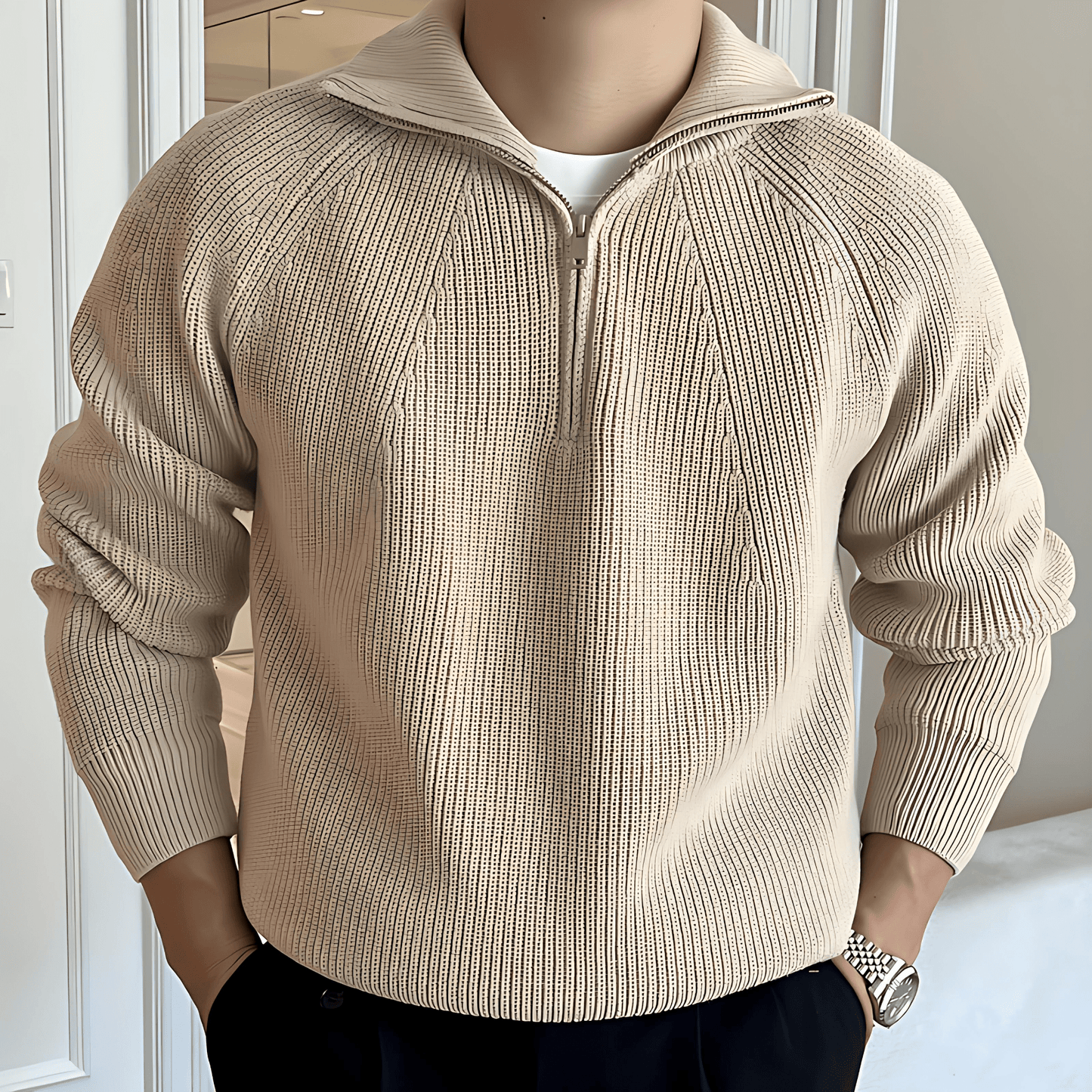 Warm Thick Cable Knit Half Zip Sweater - OutfitLondon