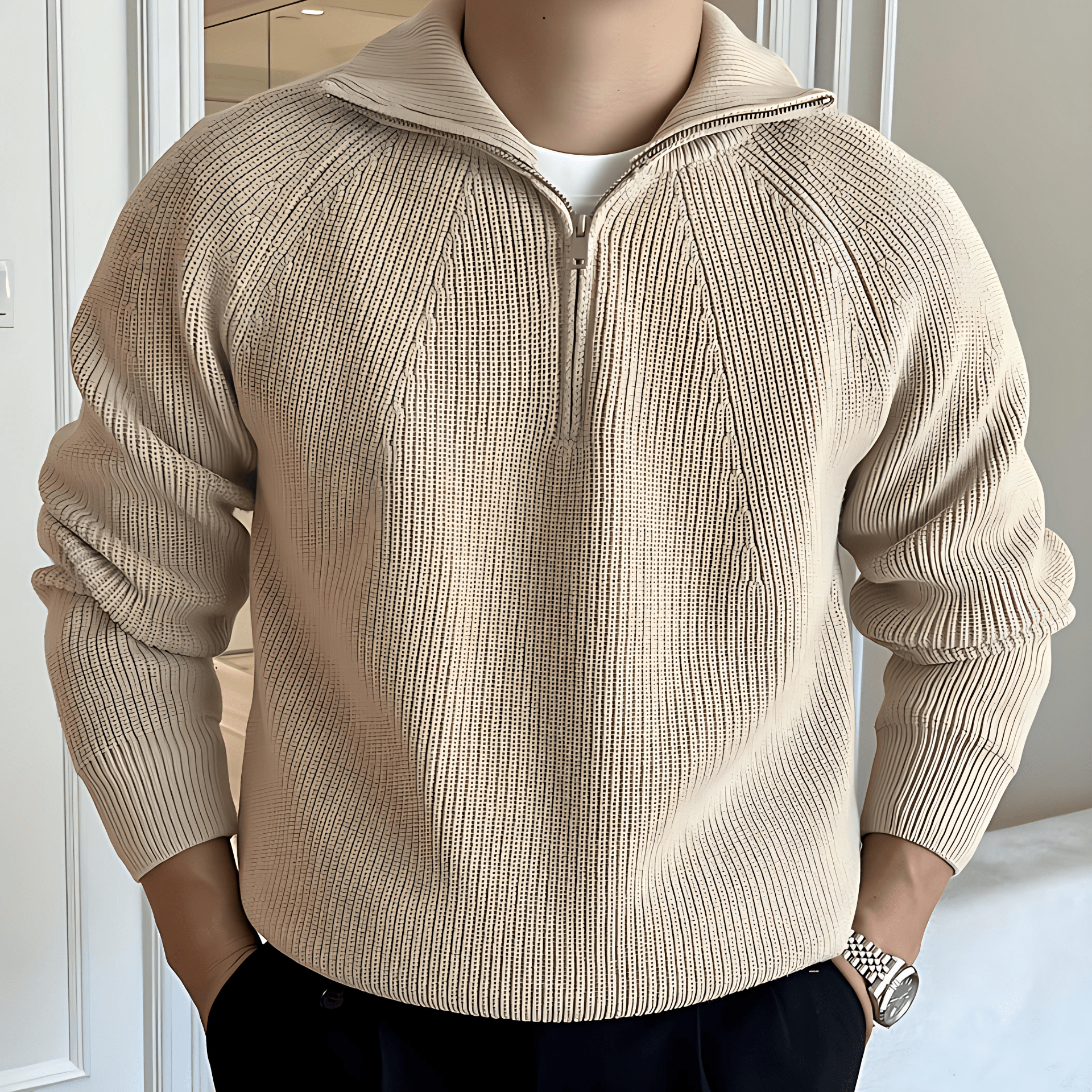 Warm Thick Cable Knit Half Zip Sweater - OutfitLondon