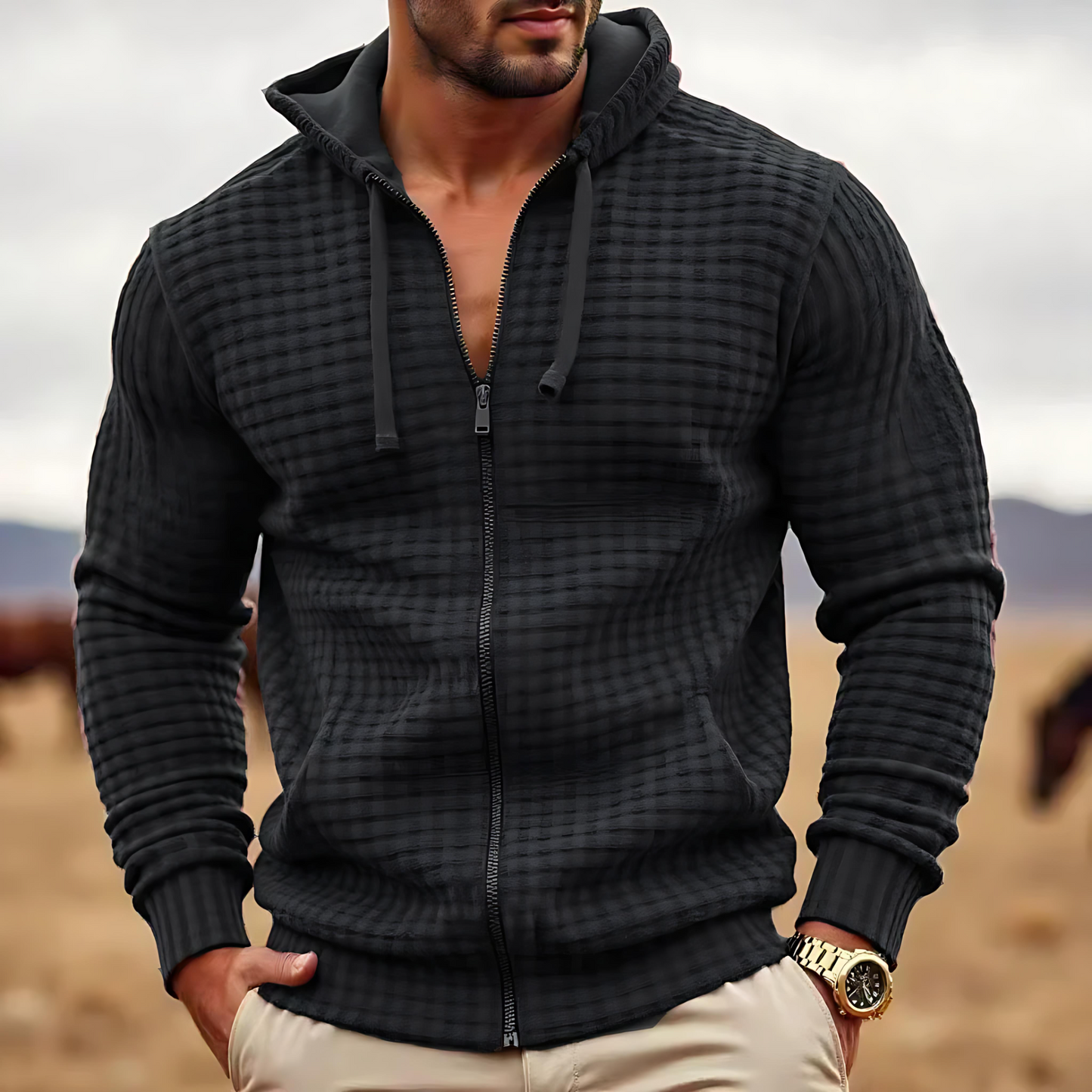 Cozy Waffle Pattern Full Zip Hoodie Sweatshirt - OutfitLondon