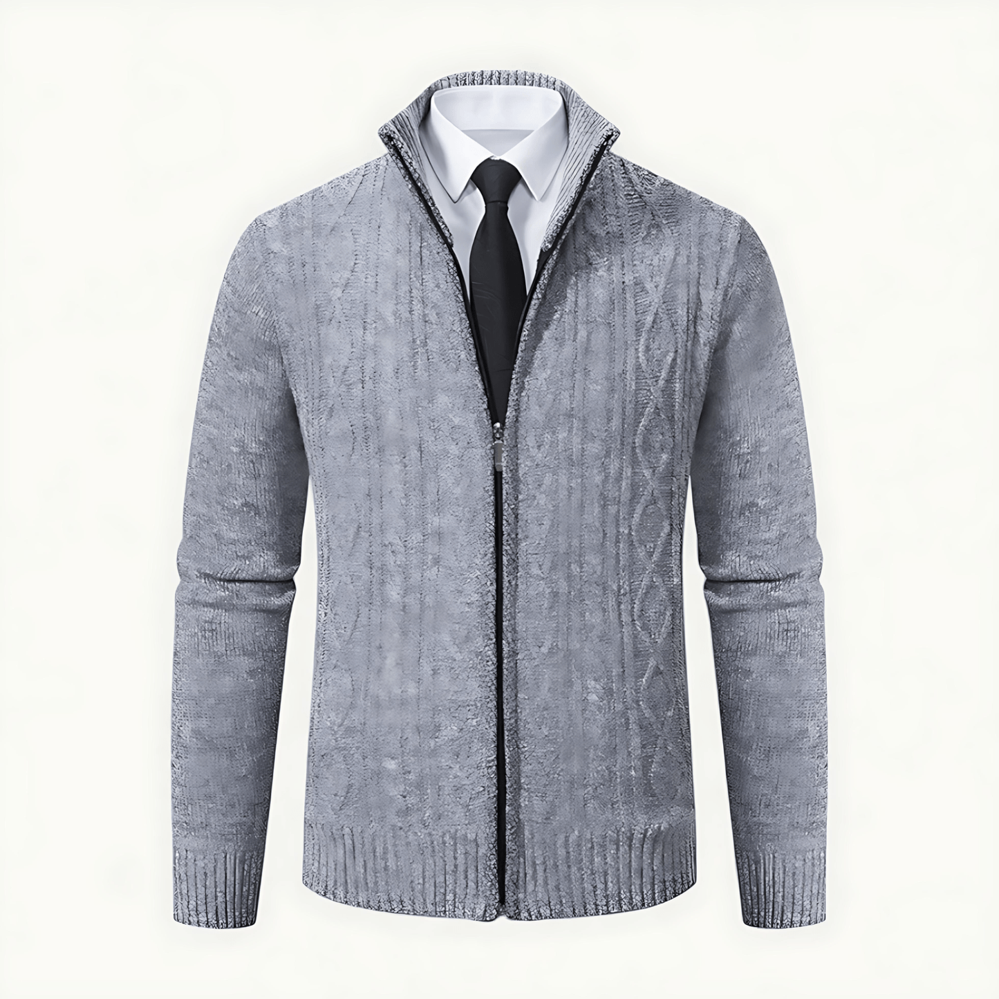 Warm Cable Knit High Neck Zip Cardigan - OutfitLondon