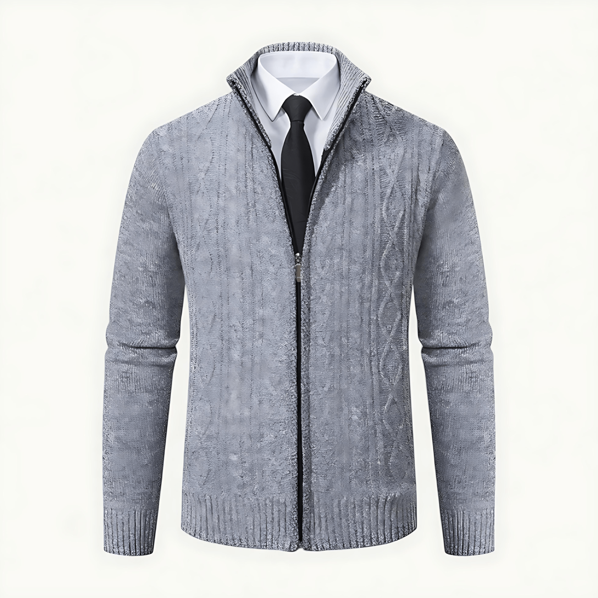 Warm Cable Knit High Neck Zip Cardigan - OutfitLondon