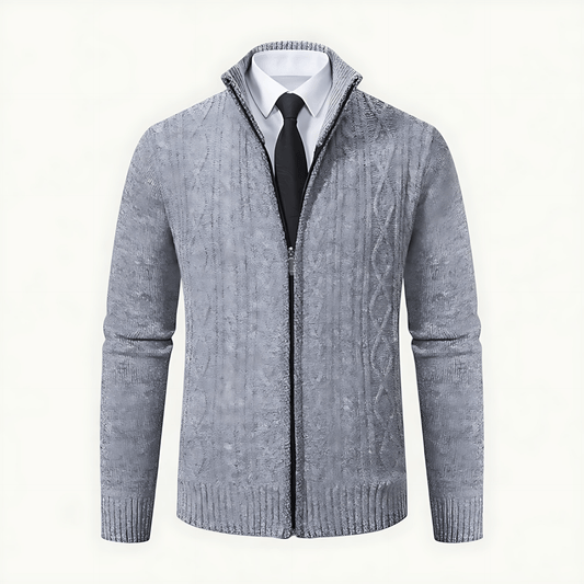 Warm Cable Knit High Neck Zip Cardigan - OutfitLondon