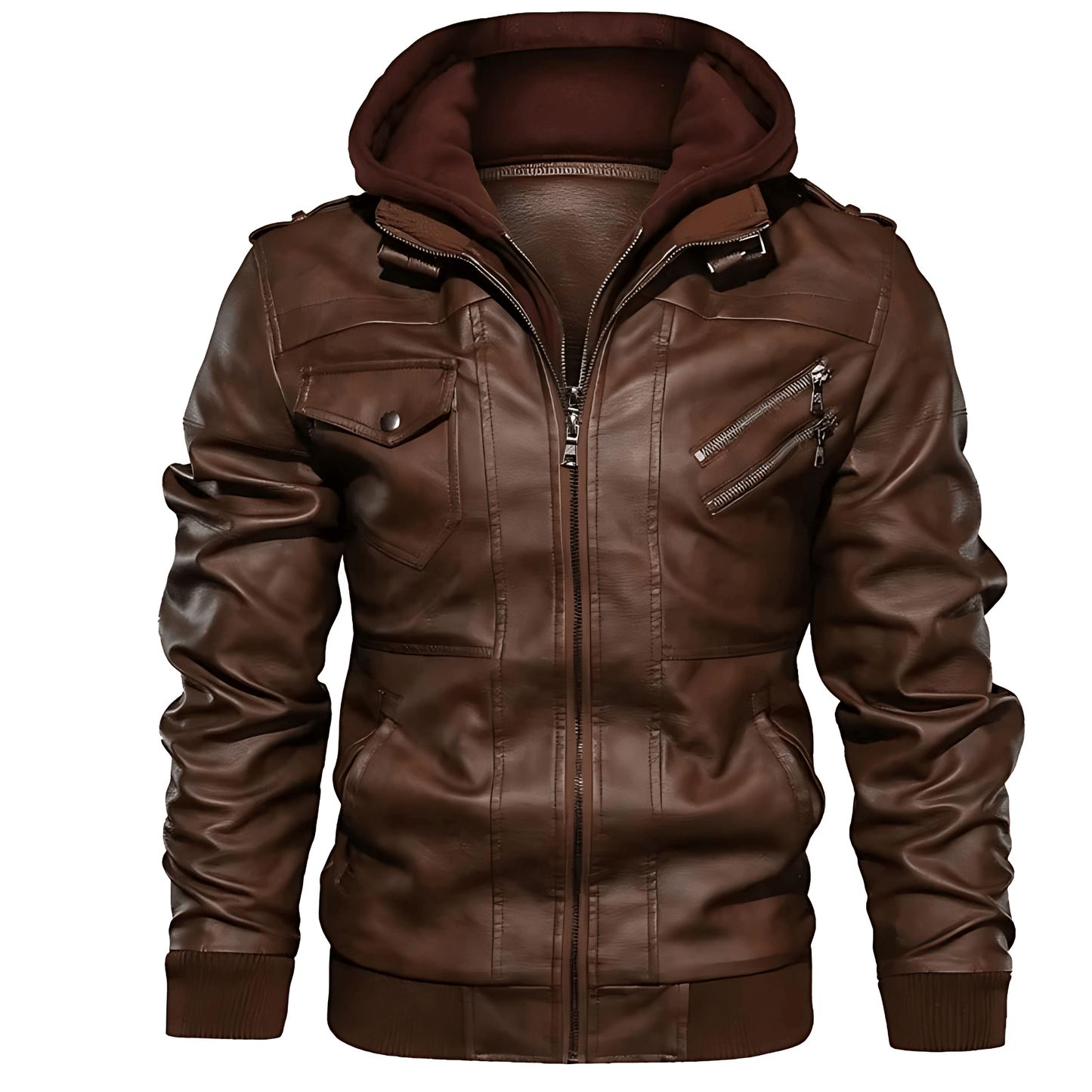 Synthetic Leather Biker Jacket with Removable Hood - OutfitLondon
