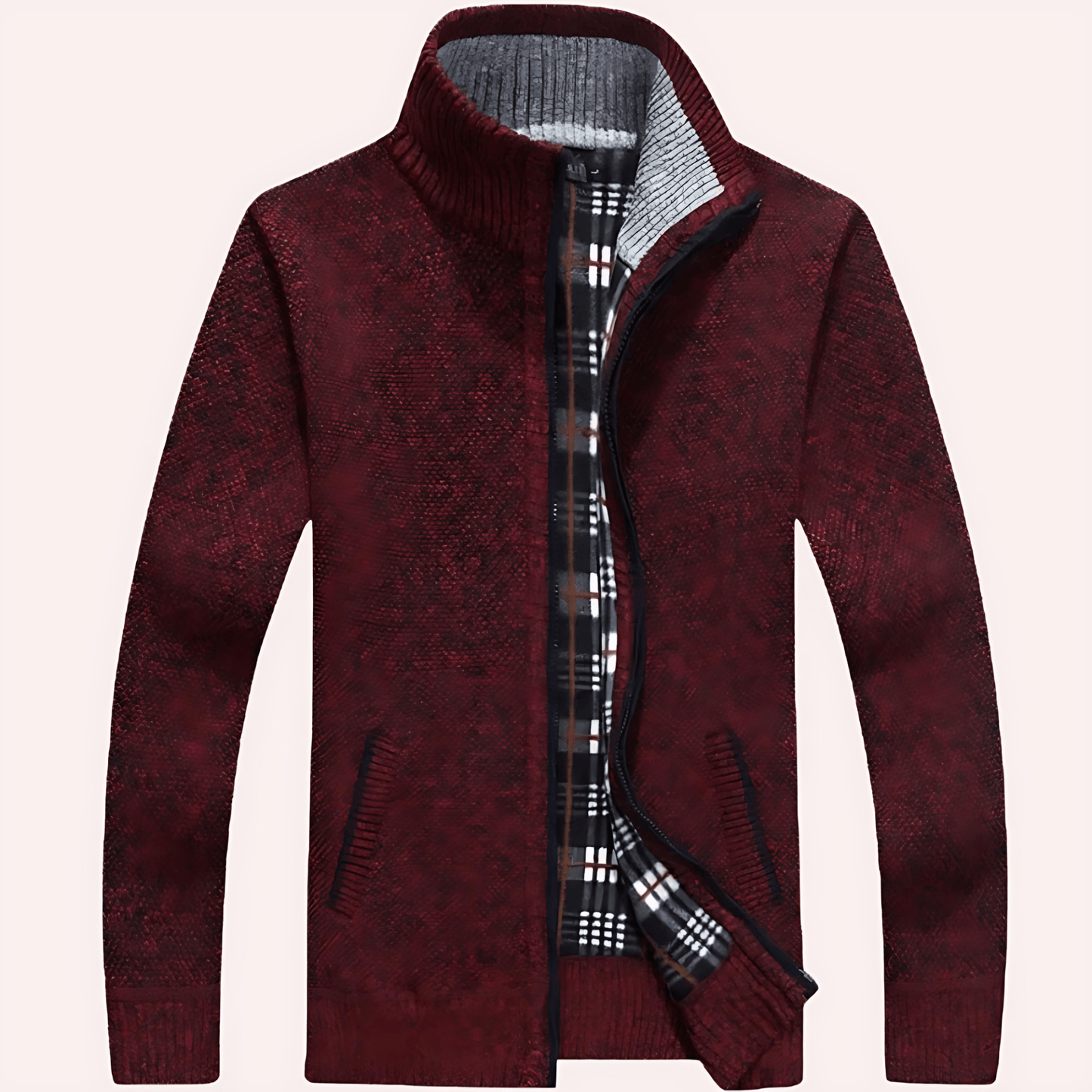 Warm Plaid Lined Zip Up Sweater Cardigan - OutfitLondon