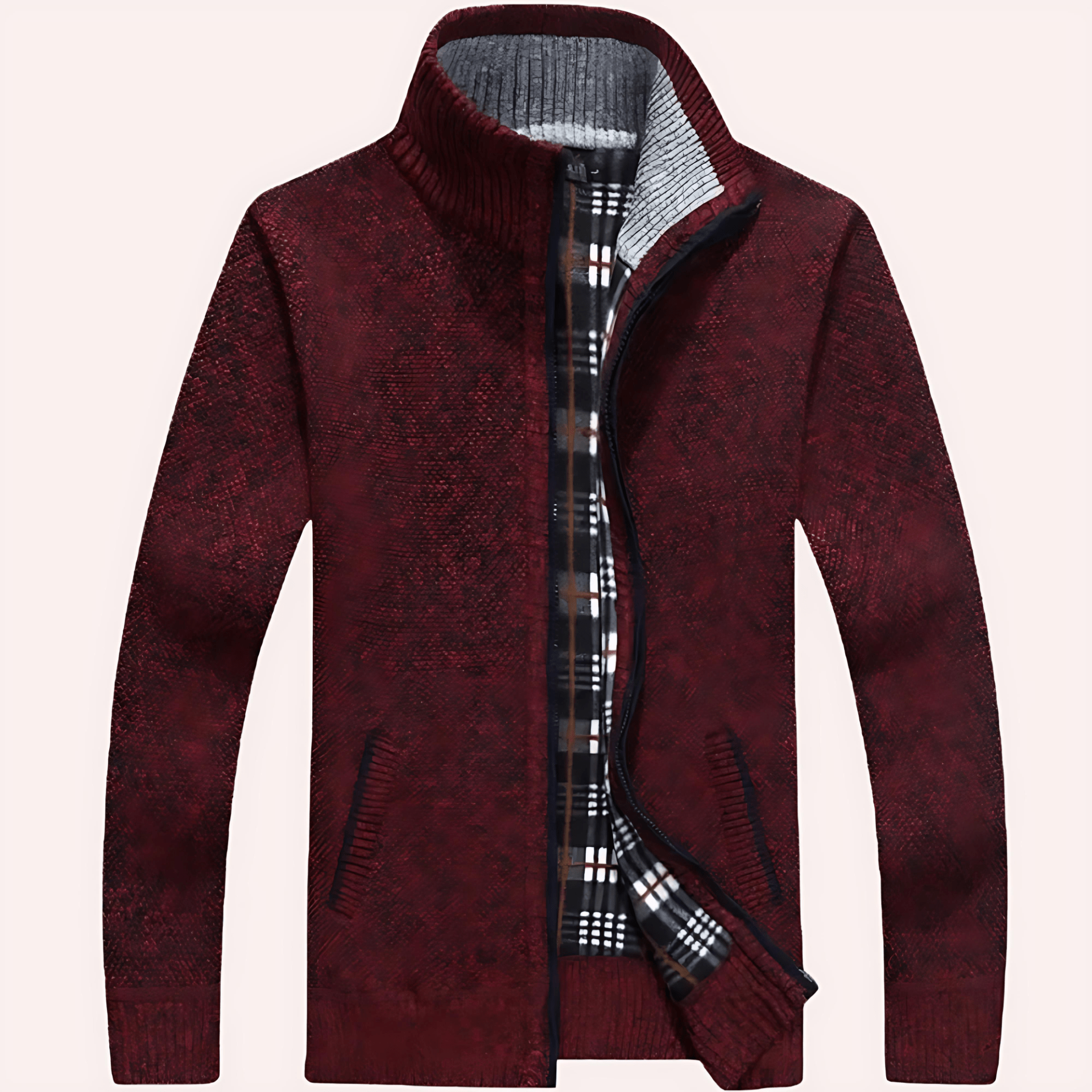 Warm Plaid Lined Zip Up Sweater Cardigan - OutfitLondon