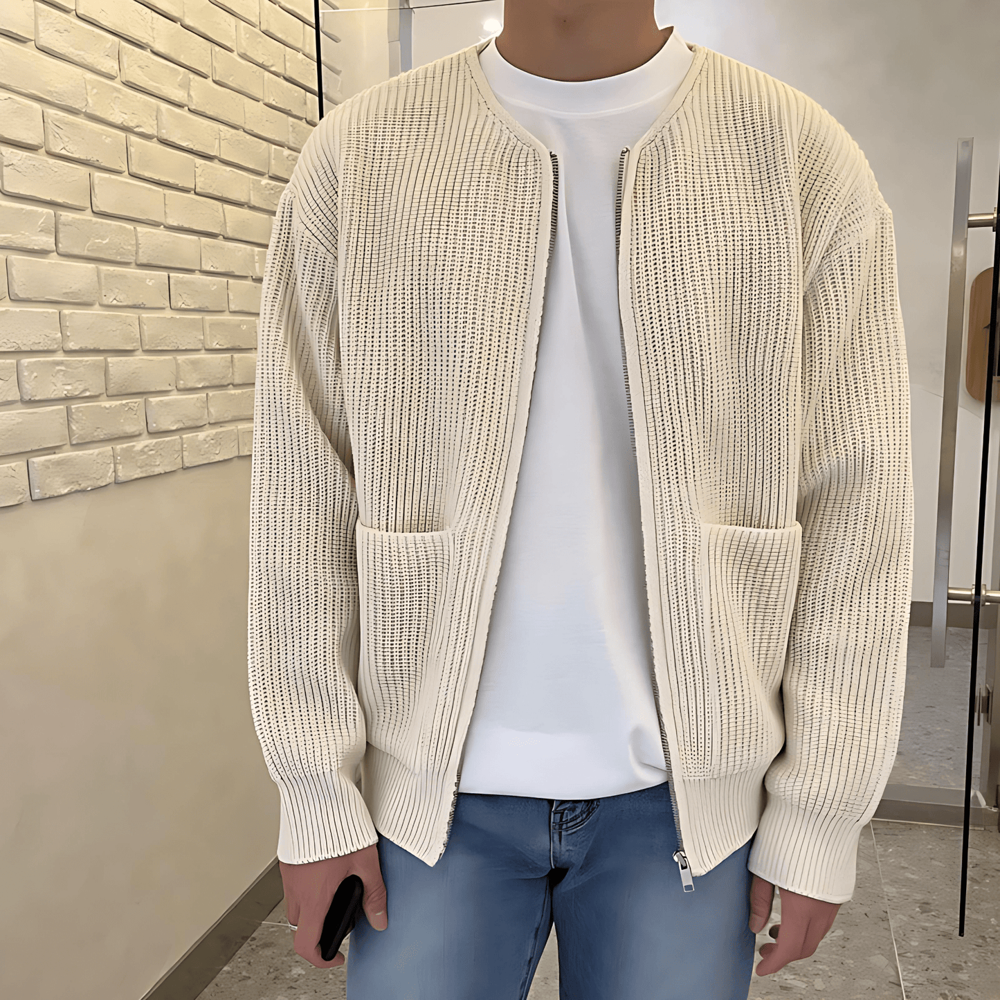 Simple Textured Knit Zip Up Cardigan Sweater - OutfitLondon
