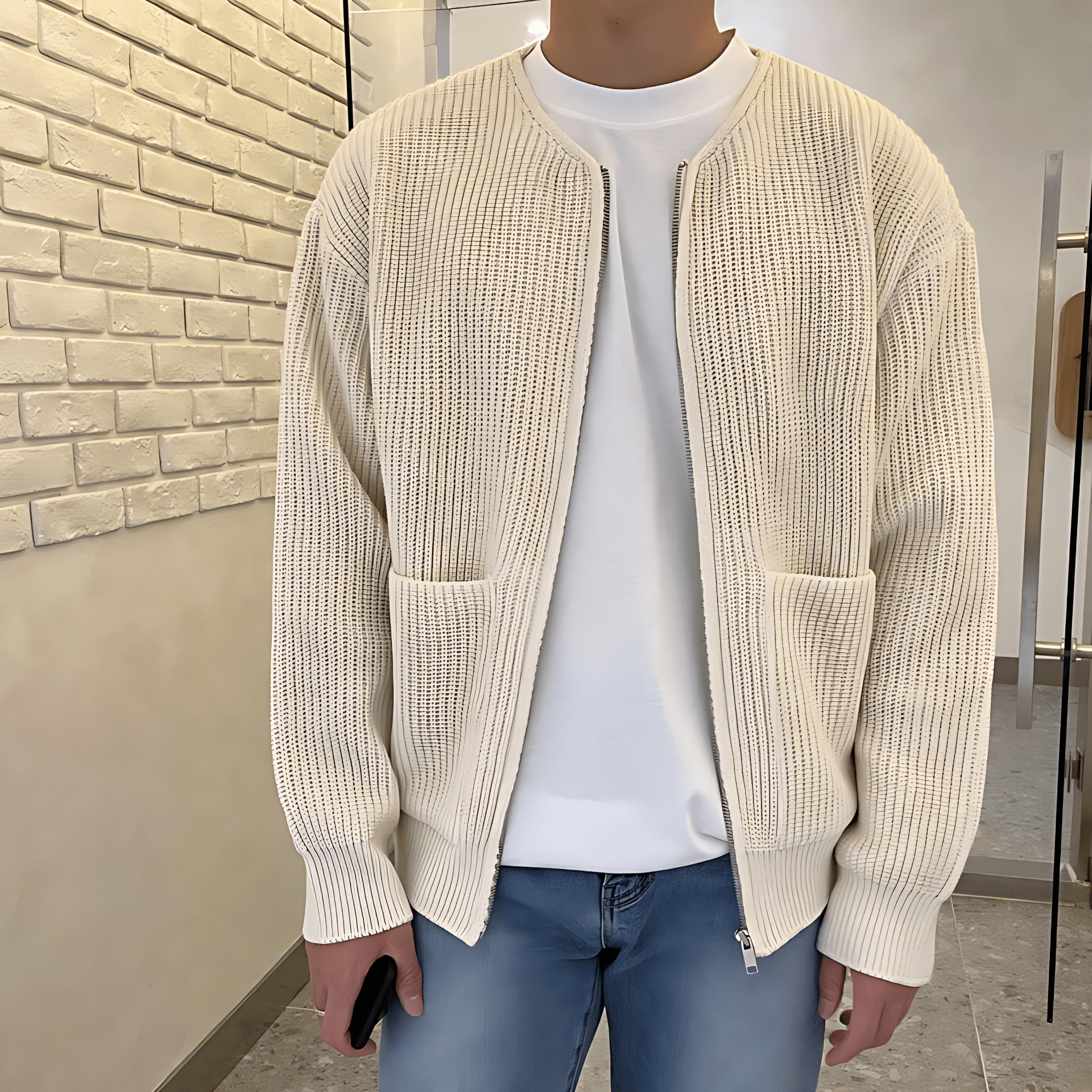Simple Textured Knit Zip Up Cardigan Sweater - OutfitLondon