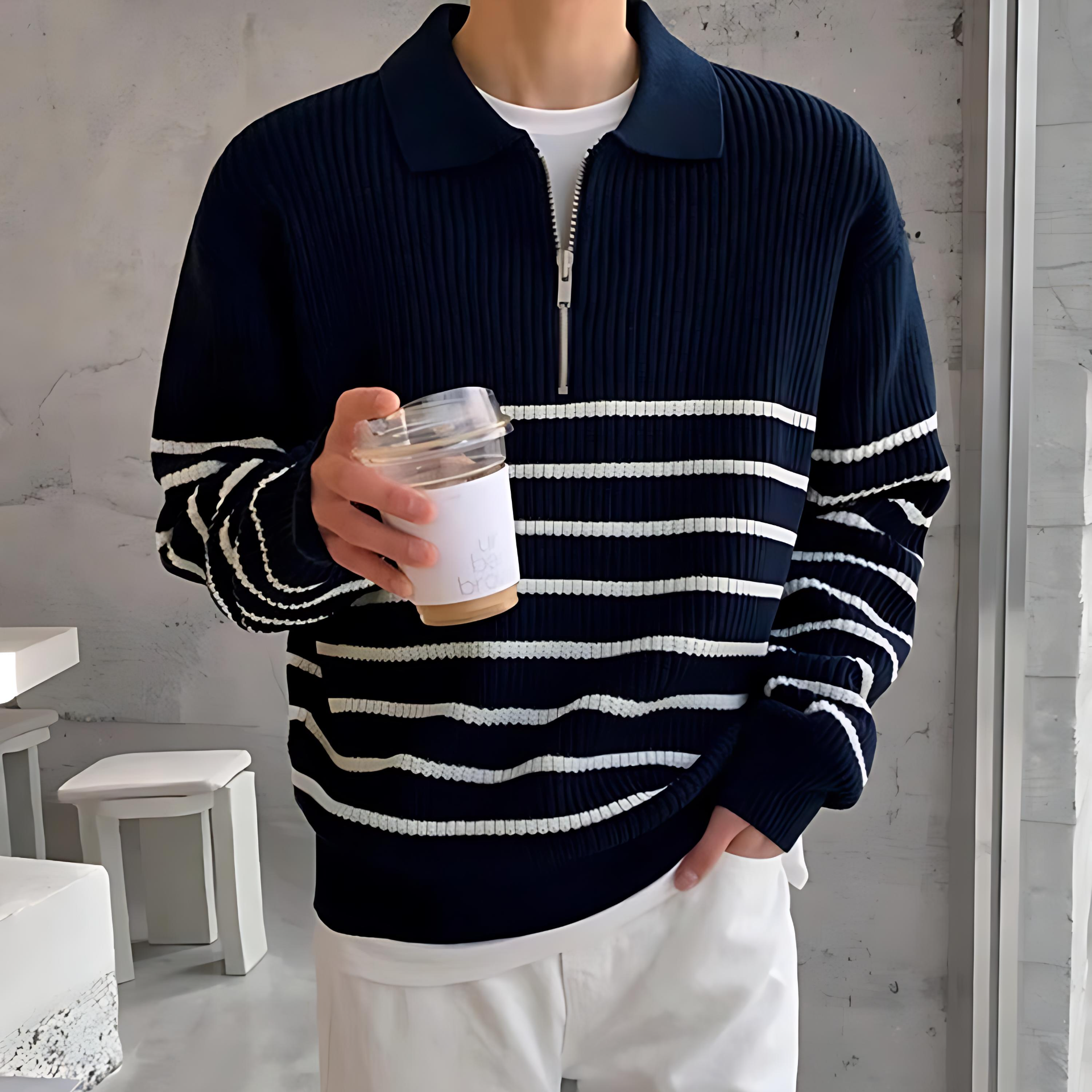 Classic Navy Blue Stripe Crew Sweater - OutfitLondon