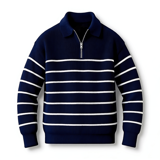 Classic Navy Blue Striped Sweater - OutfitLondon