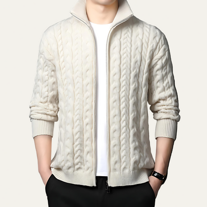 Thick Warm Cable Knit Zip Up Sweater Jacket - OutfitLondon