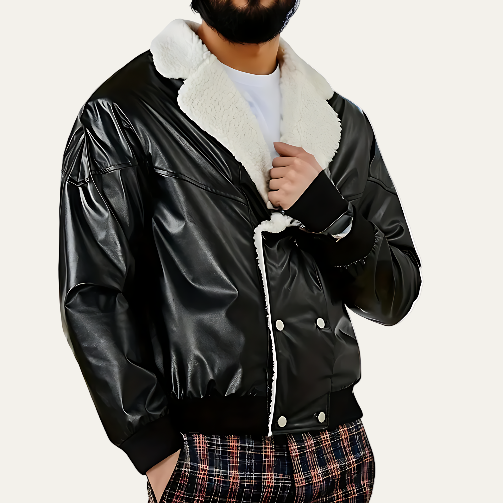 Men's Black Faux Leather Bomber Jacket with Wool Lining - OutfitLondon
