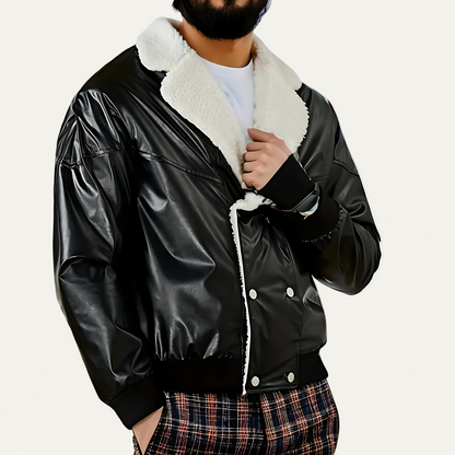 Men's Black Faux Leather Bomber Jacket with Wool Lining - OutfitLondon