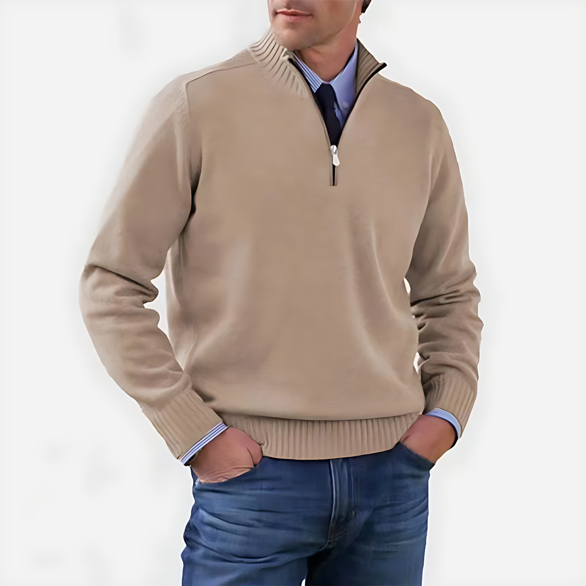 Textured Crew Neck Half Zip Sweater - OutfitLondon