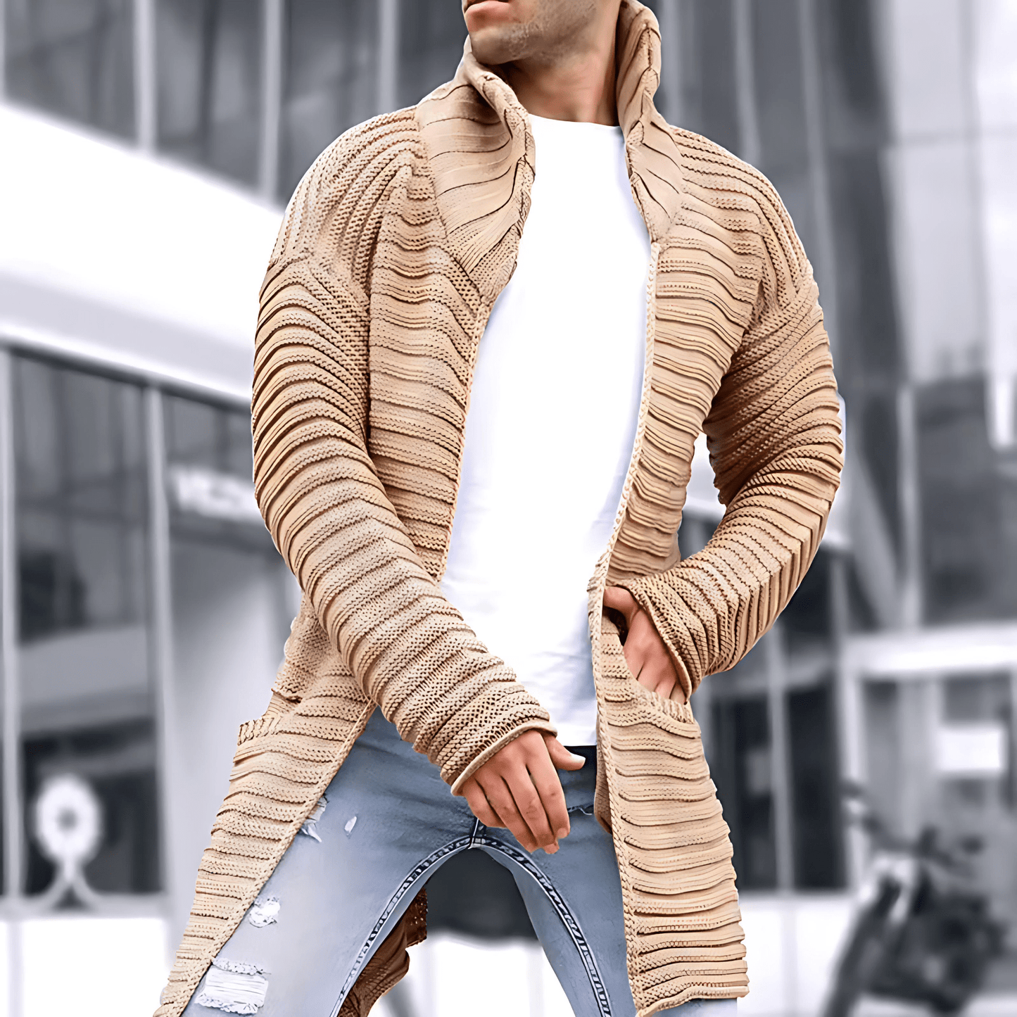 Warm Textured Knit Crew Neck Cardigan - OutfitLondon