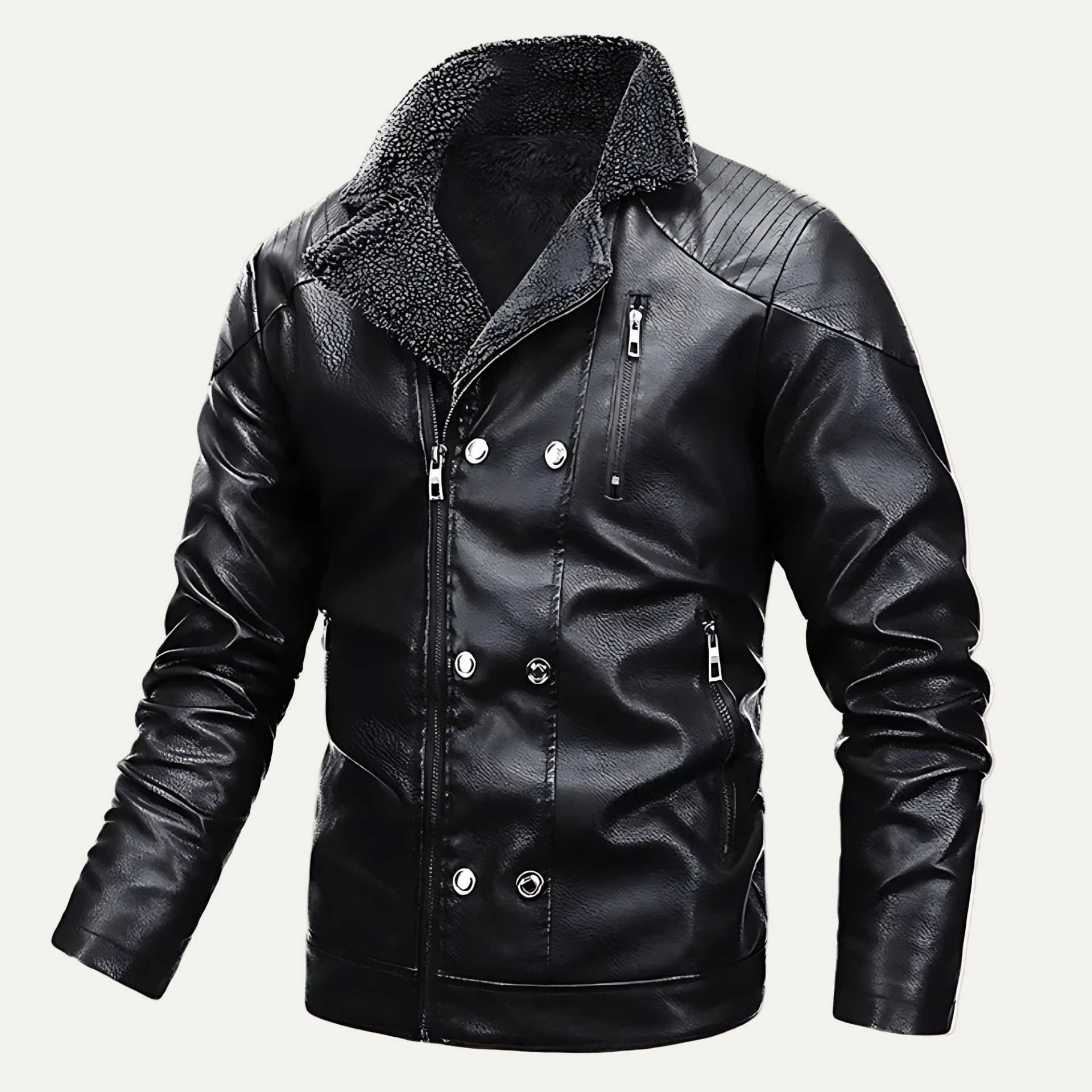 Men's Synthetic Leather Coat with Fuzzy Collar - OutfitLondon