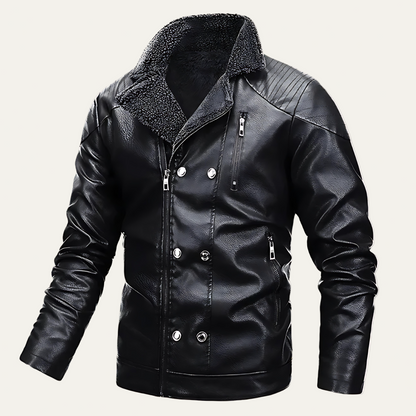 Men's Synthetic Leather Coat with Fuzzy Collar - OutfitLondon