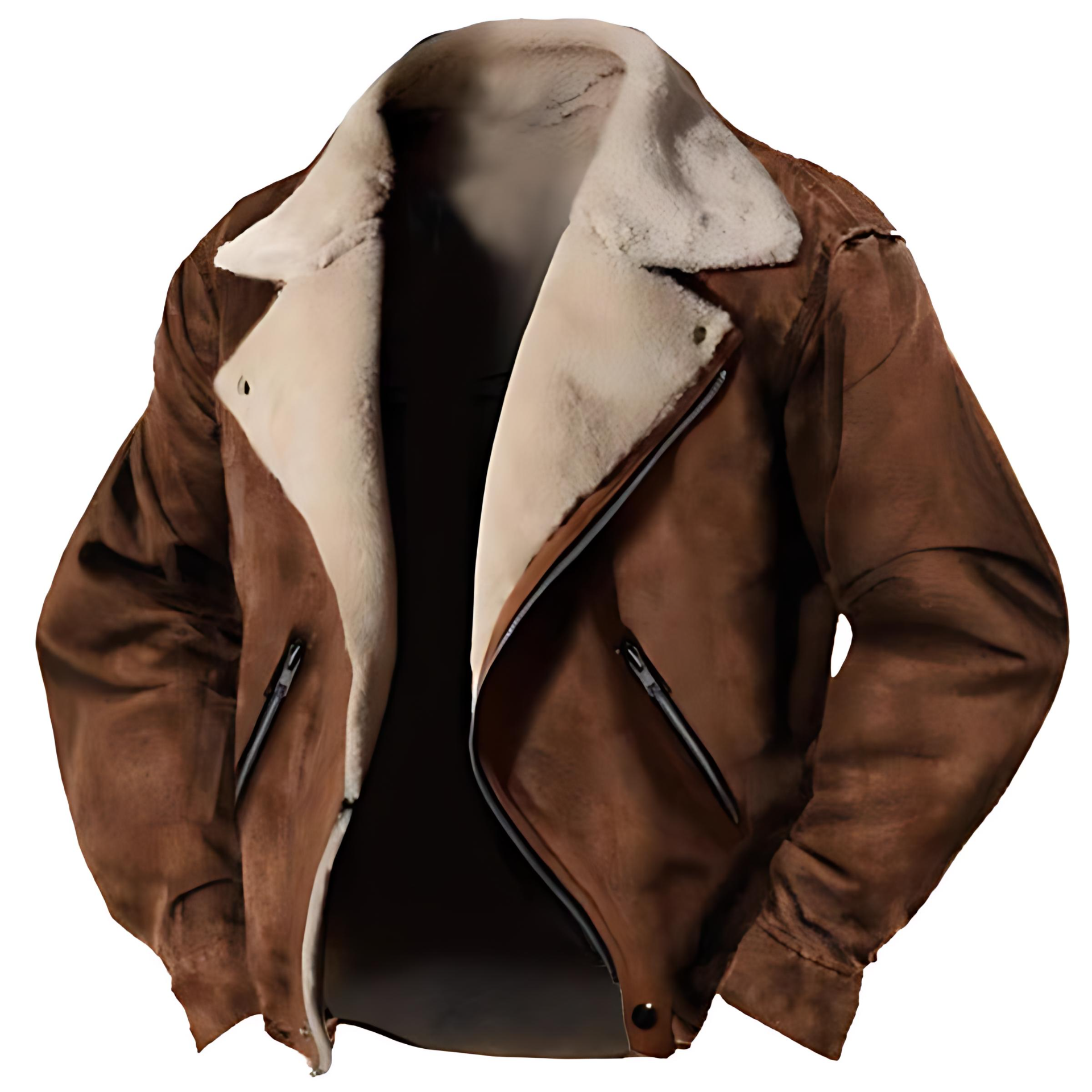 Warm Suede Leather Jacket with Fleece Lining and Zips - OutfitLondon