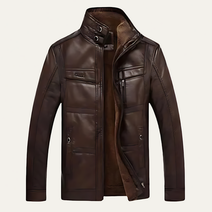 Men's Classic Leather Biker Jacket with Multiple Pockets - OutfitLondon