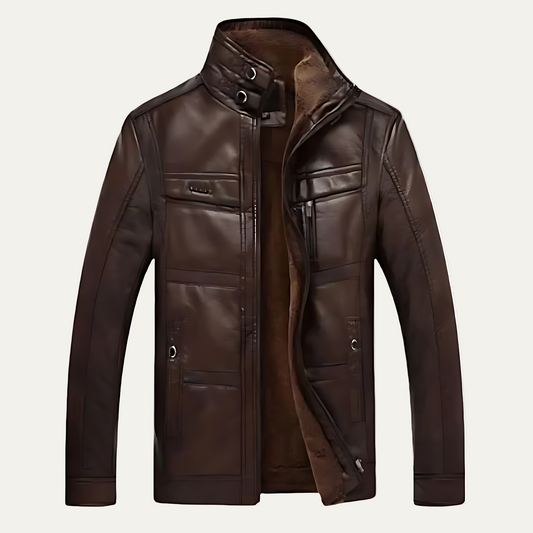 Men's Classic Leather Biker Jacket with Multiple Pockets - OutfitLondon