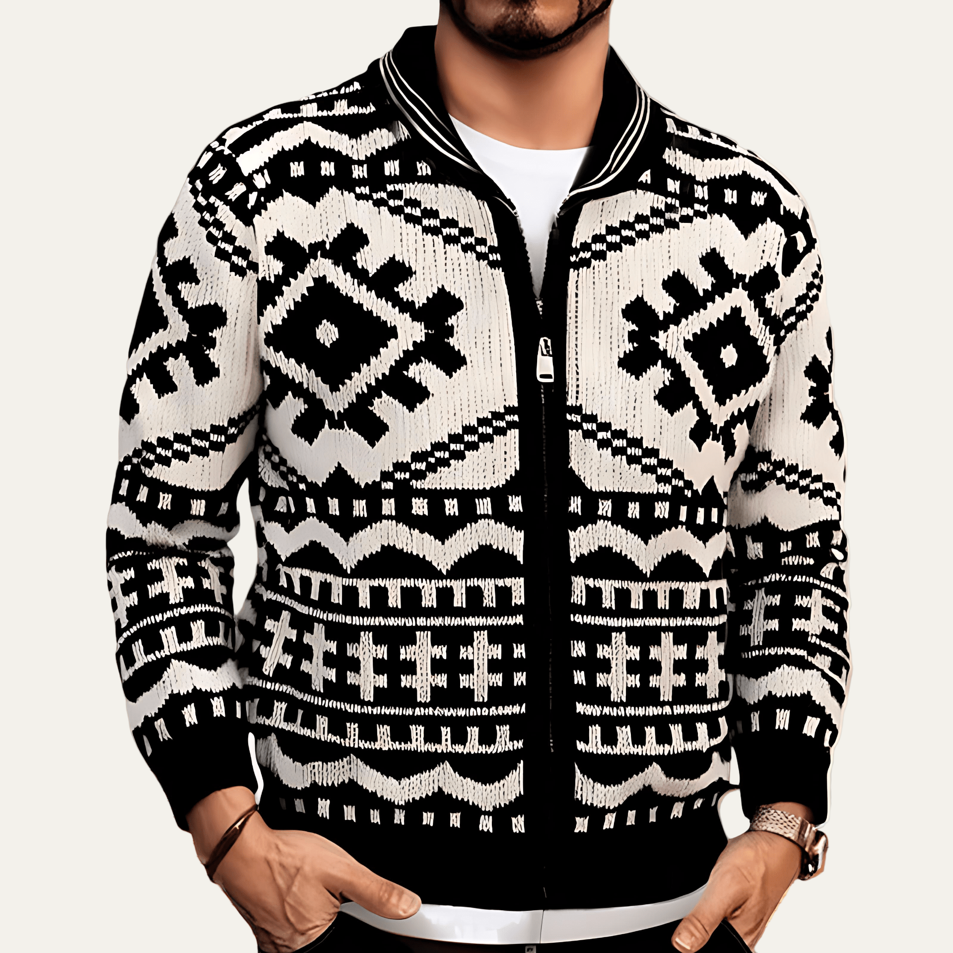 Men's Patterned Zip Up Knit Jacket - OutfitLondon