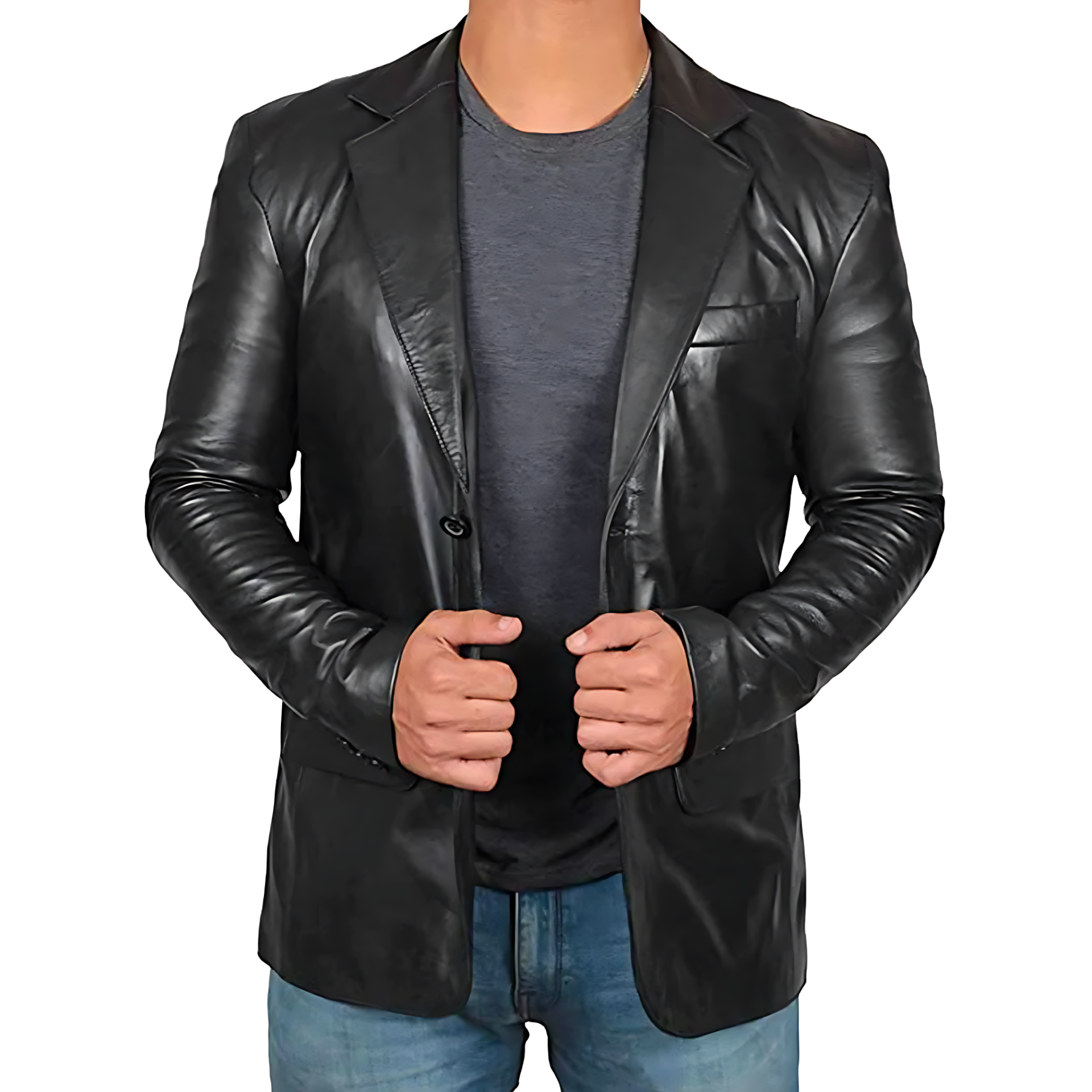 Slim Fit Leather Jacket with Notched Lapel - OutfitLondon