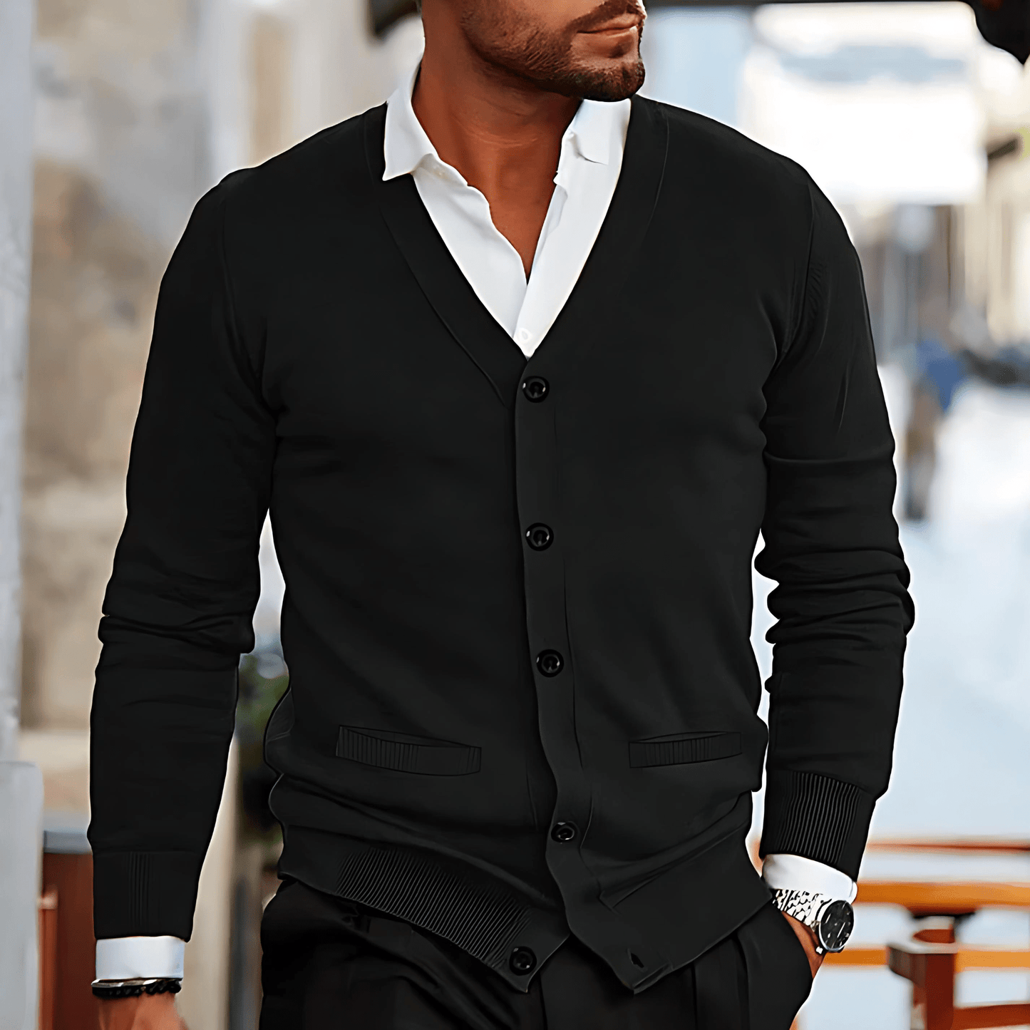 Comfortable V-Neck Fitted Cardigan with Pockets - OutfitLondon