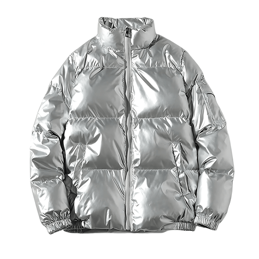 Men's Glossy Quilted Puffer Coat with Stand Up Collar - OutfitLondon