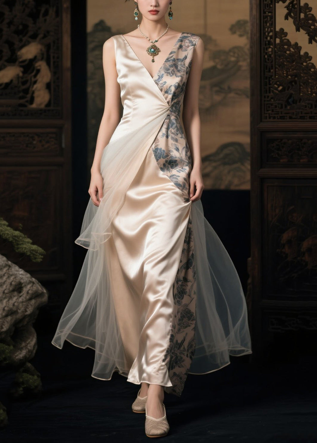 Women's Silk Maxi Dress Breathable Champagne Wrap Style - OutfitLondon