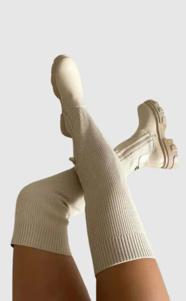Women's Heeled Knit Boots Stretch Fabric
