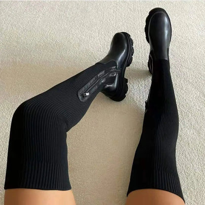 Women's Heeled Knit Boots Stretch Fabric
