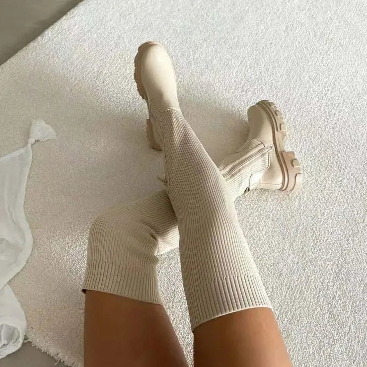 Women's Heeled Knit Boots Stretch Fabric