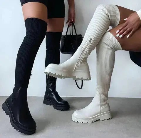 Women's Heeled Knit Boots Stretch Fabric