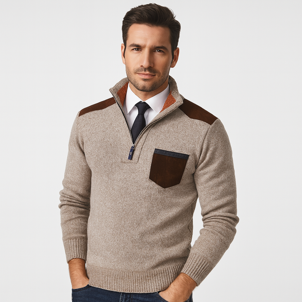 Men's Colorblock Patchwork Quarter Zip Sweater - OutfitLondon