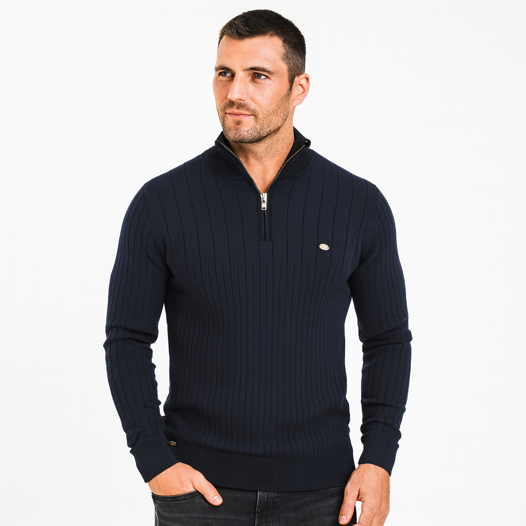 Men's Textured Crew Neck Zip Up Sweater - OutfitLondon