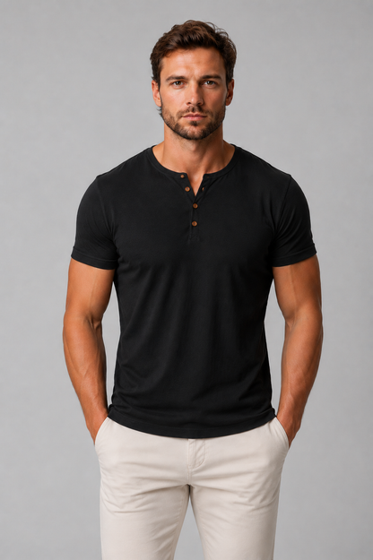 Men's Casual Slim Fit Cotton Henley T-Shirt with Button Neck
