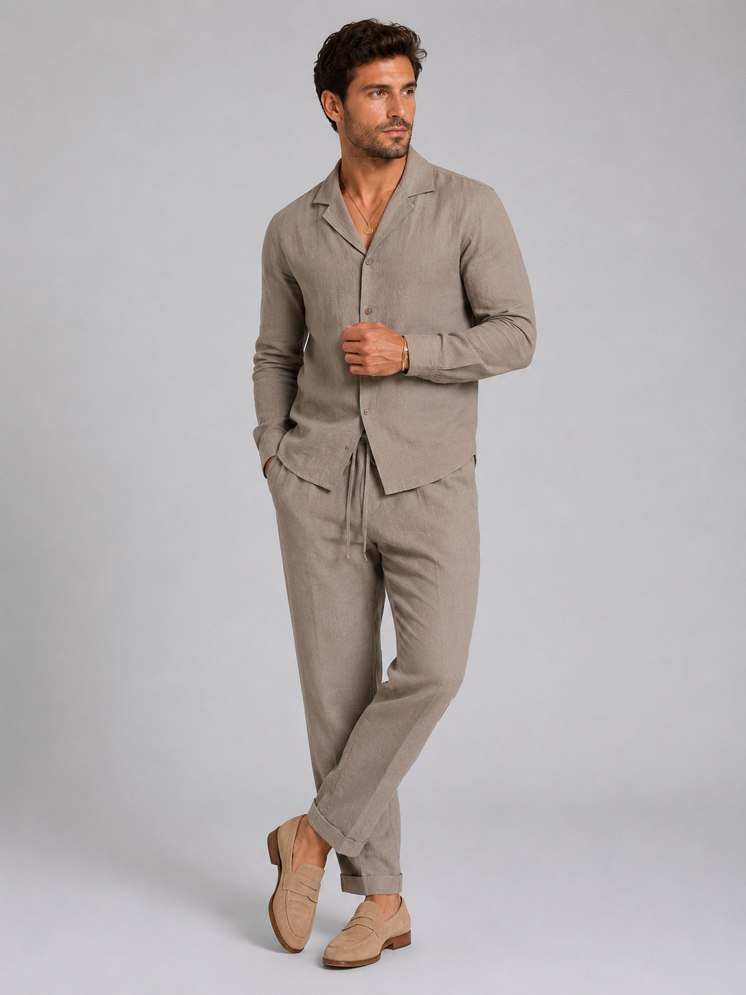 Men's Casual Linen Relaxed Fit Shirt and Trousers Set