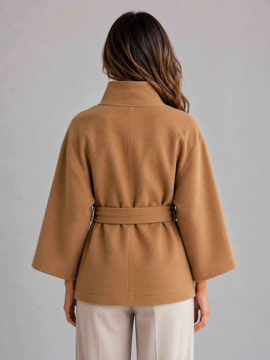 Women's Classic Wool Blend Belted Cape Jacket with Stand Collar