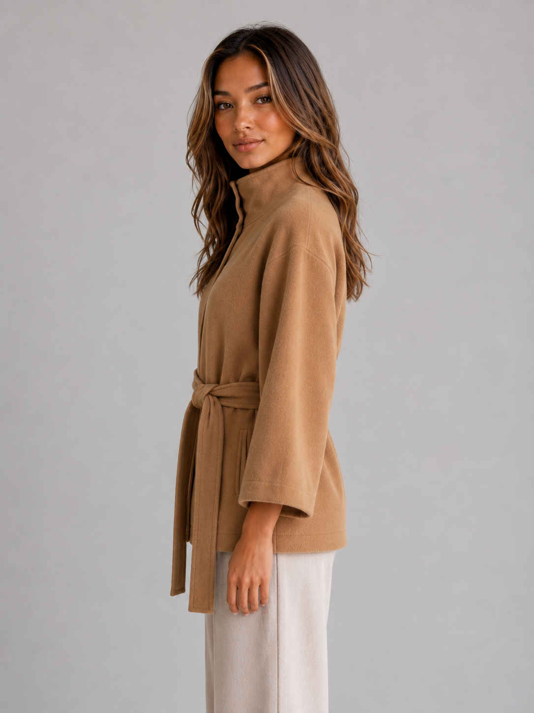 Women's Classic Wool Blend Belted Cape Jacket with Stand Collar