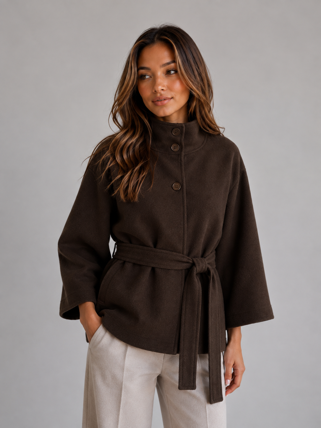 Women's Classic Wool Blend Belted Cape Jacket with Stand Collar