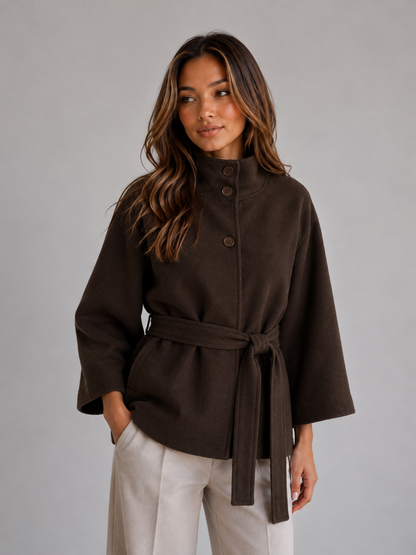 Women's Classic Wool Blend Belted Cape Jacket with Stand Collar