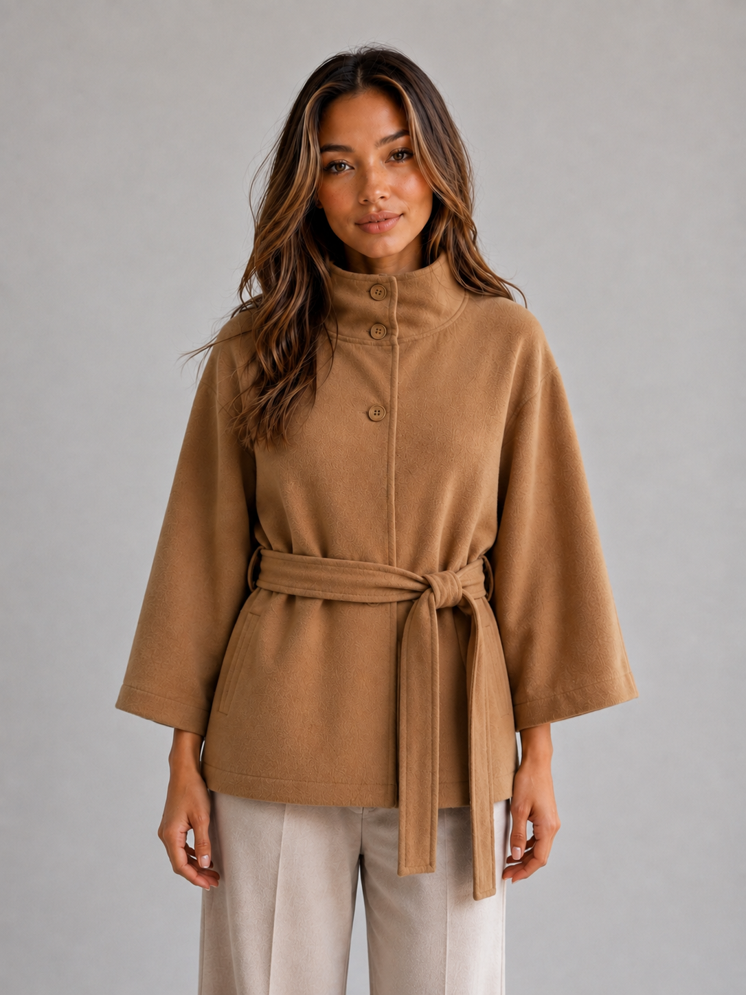 Women's Classic Wool Blend Belted Cape Jacket with Stand Collar