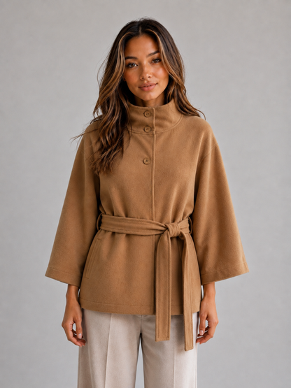 Women's Classic Wool Blend Belted Cape Jacket with Stand Collar