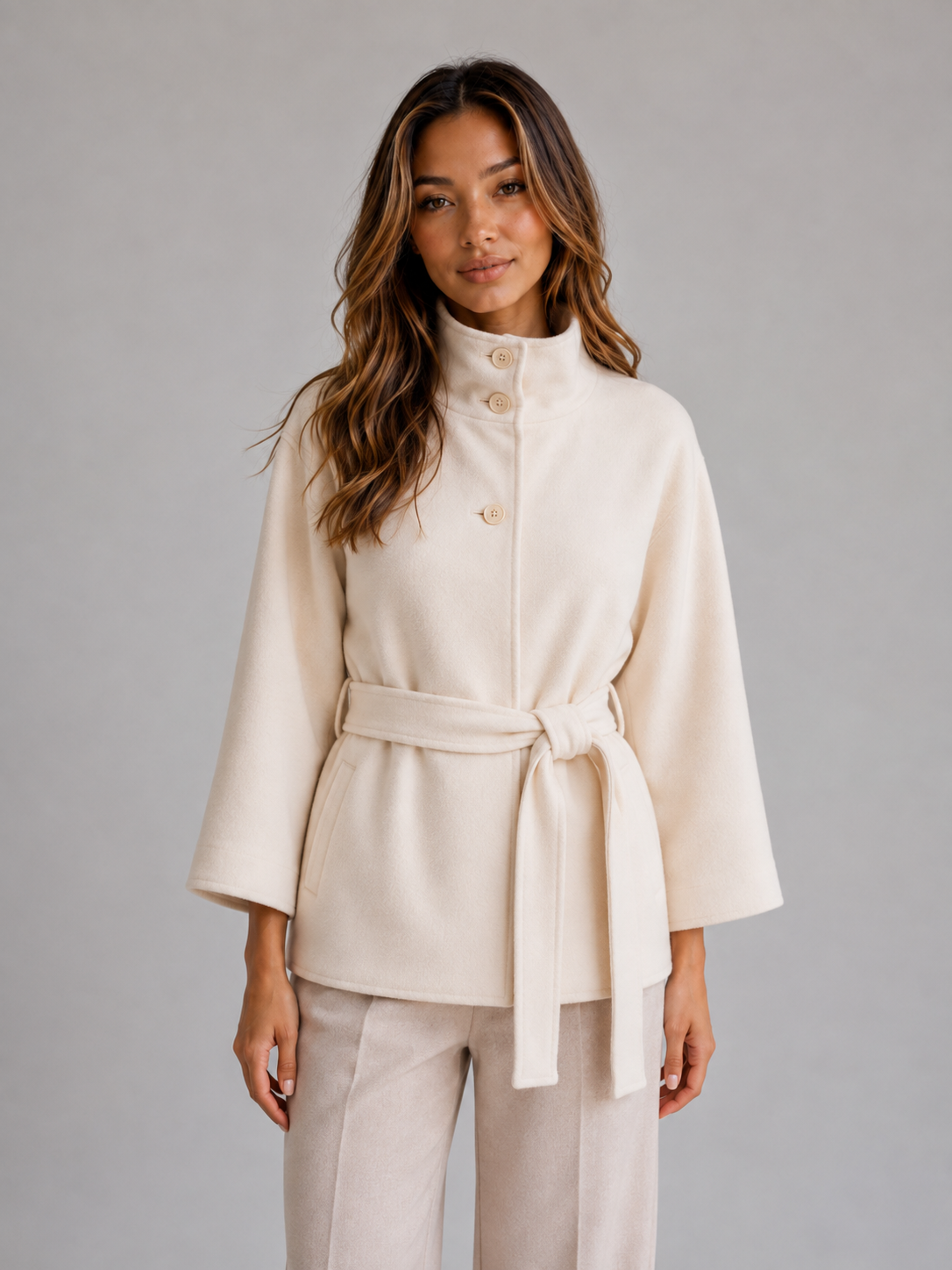 Women's Classic Wool Blend Belted Cape Jacket with Stand Collar