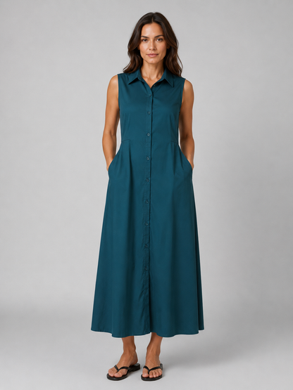 Women's Sleeveless Button-Front Cotton Maxi Shirt Dress with Pockets