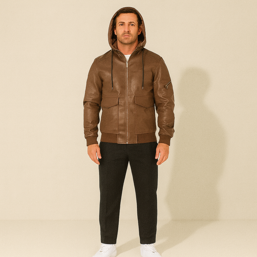 Warm Mens Brown Leather Puffer Coat with Hood
